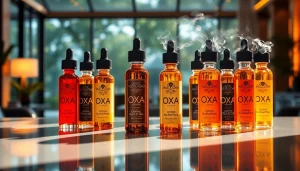 Oxva Liquid präsentiert in einer geschmackvollen Anordnung von Flaschen mit klaren Etiketten.