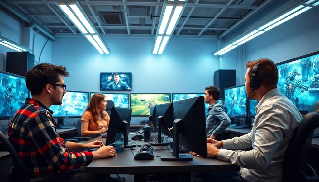 Engaged team conducting outsourced game testing for quality assurance.