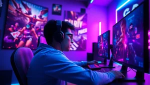 Engaging gamer at the gaming desk representing https://gamelevate.com with an energetic ambiance.