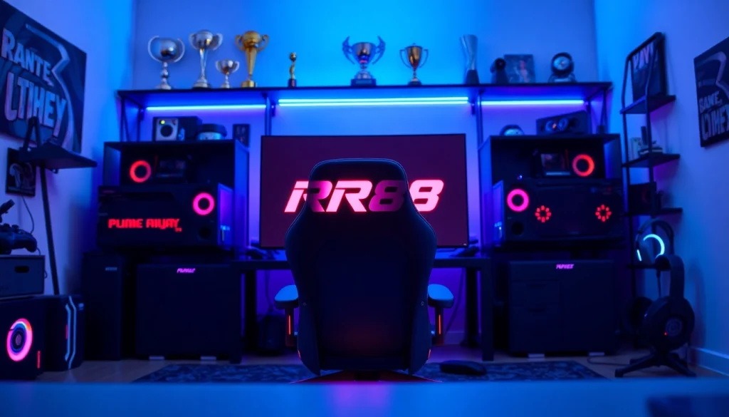 Showcasing the vibrant RR88 gaming setup with a monitor and colorful peripherals.