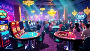 Experience the excitement of MM88 at a lively casino with players enjoying table games and slots, celebrating wins.