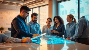 Engineers analyzing data on water utility management at https://reticmanager.com in a modern office.