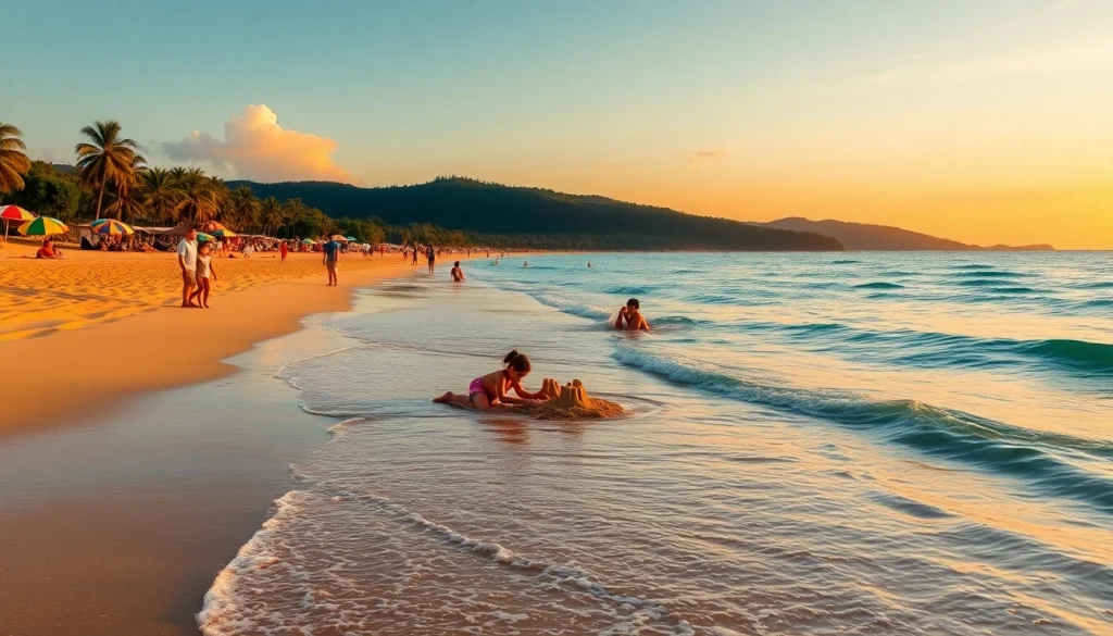 Cena da praia de Paripueira com famílias aproveitando a areia macia e as águas claras.