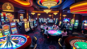 Experience the vibrant gambling world of KJC AC 1 with players enjoying casino tables and slot machines.