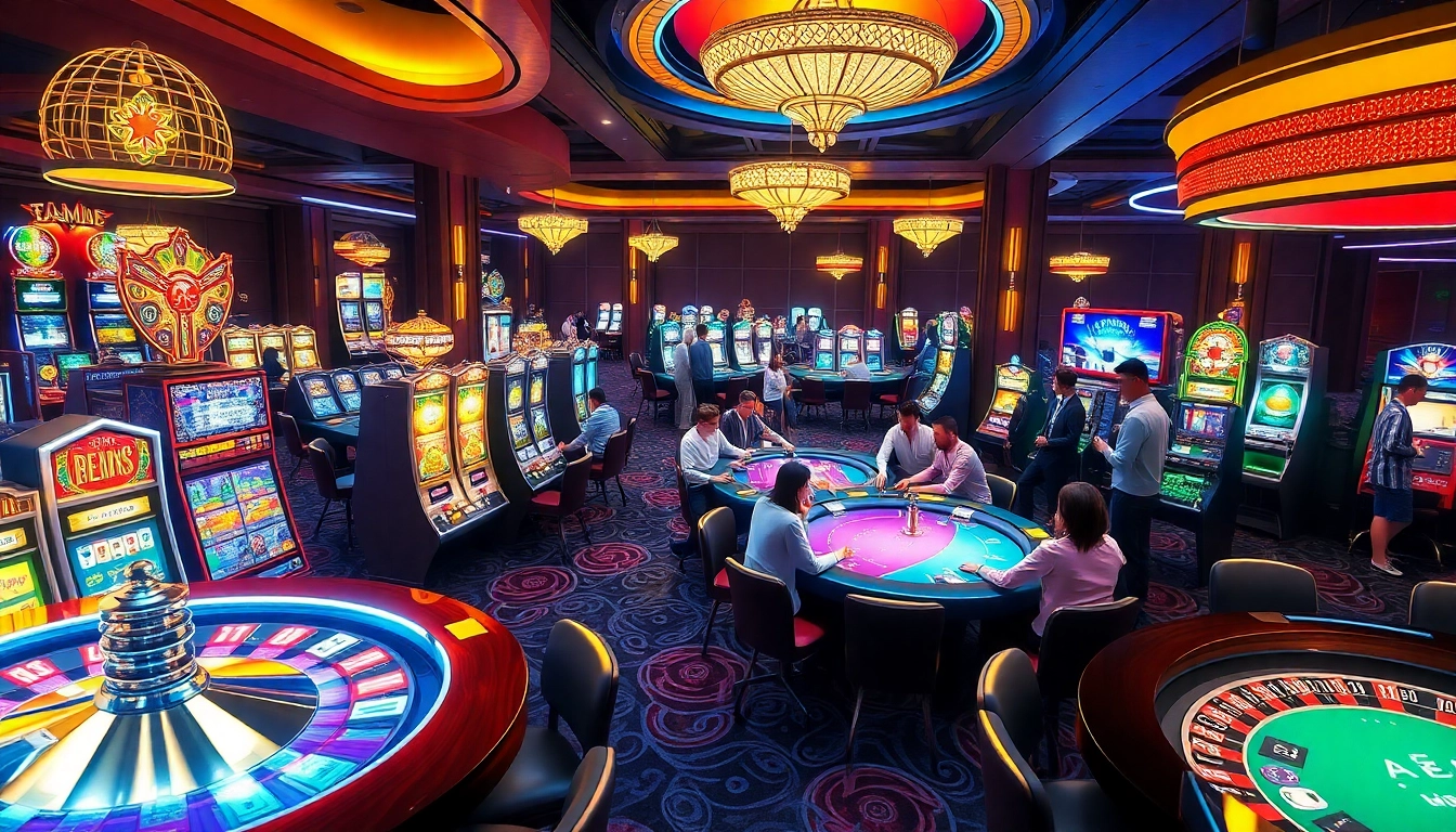 Experience the vibrant gambling world of KJC AC 1 with players enjoying casino tables and slot machines.