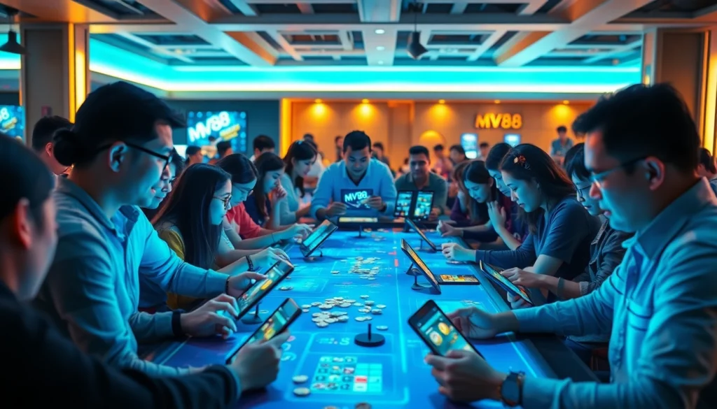 MV88 gameplay experience showcasing diverse players using digital devices in a vibrant gaming environment.