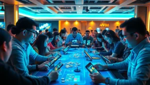 MV88 gameplay experience showcasing diverse players using digital devices in a vibrant gaming environment.