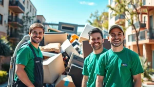 Engaging scene of Myeasyjunkremoval.com workers efficiently handling junk removal in a clean urban environment.