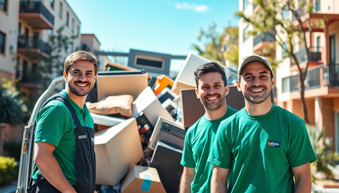 Engaging scene of Myeasyjunkremoval.com workers efficiently handling junk removal in a clean urban environment.