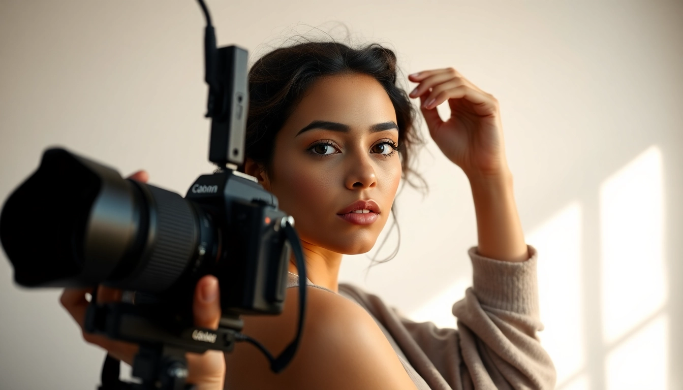 Ritratto di un fotografo di ritratto Milano che scatta in uno studio moderno con un modello elegante.