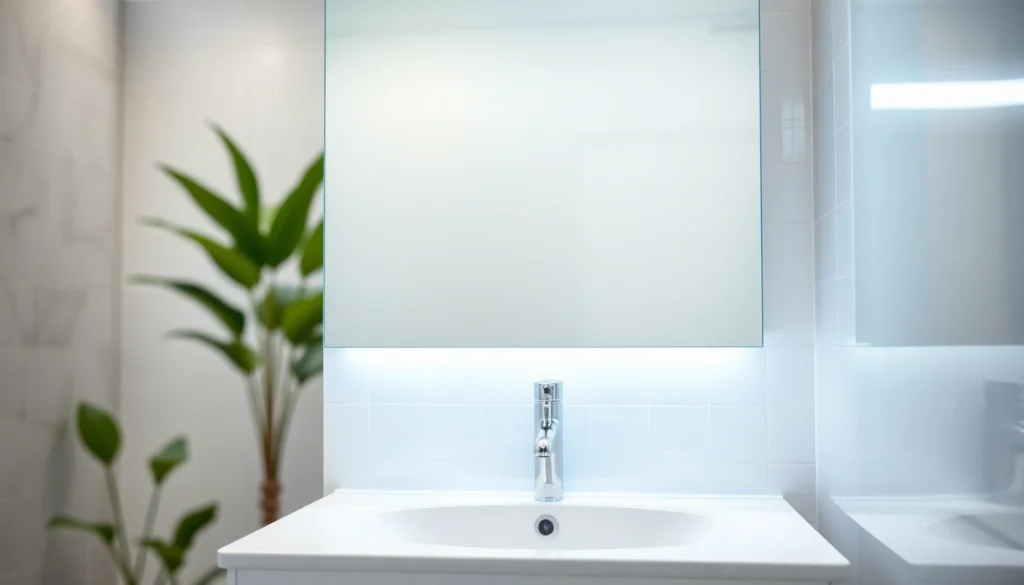 Vorderenansicht eines spiegelschrank mit led Beleuchtung, stilvoll im Badezimmer platziert.