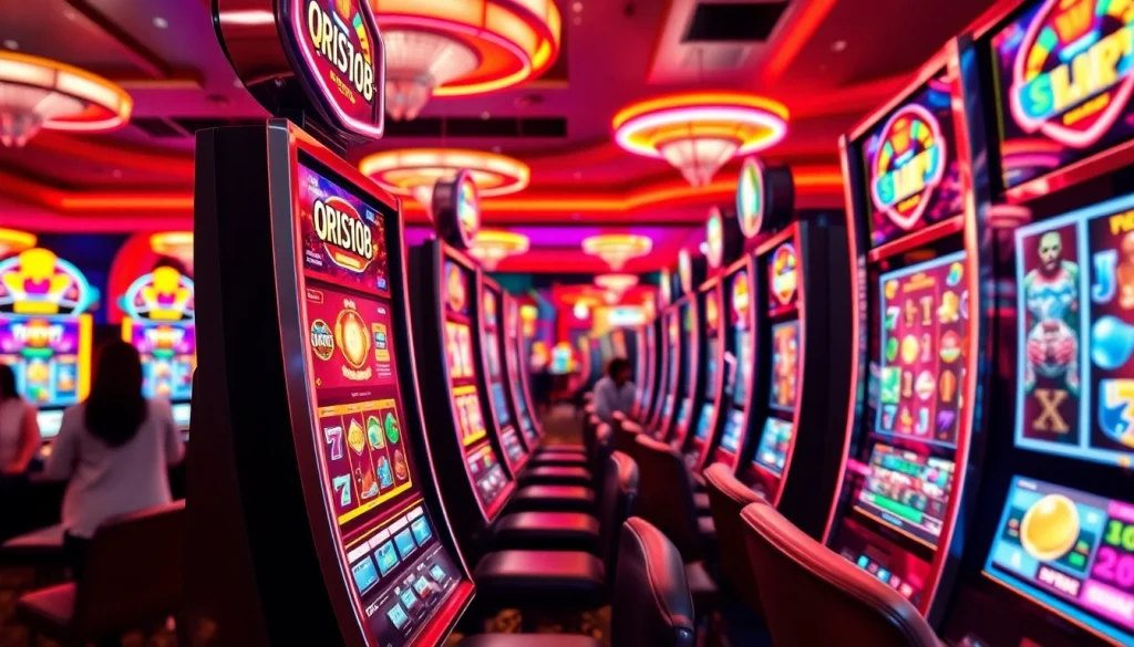 Pengenalan QRIS108 Slot dengan latar belakang cerah dan suasana kasino yang energik.