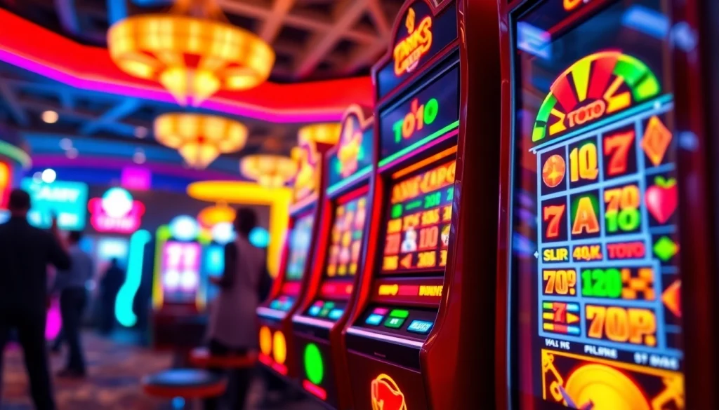 Permainan slot tank4d toto slot dalam suasana kasino yang meriah dan berwarna-warni.