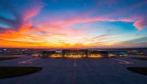 Explore Liverpool Airport, showcasing its vibrant terminal and runway at sunset.