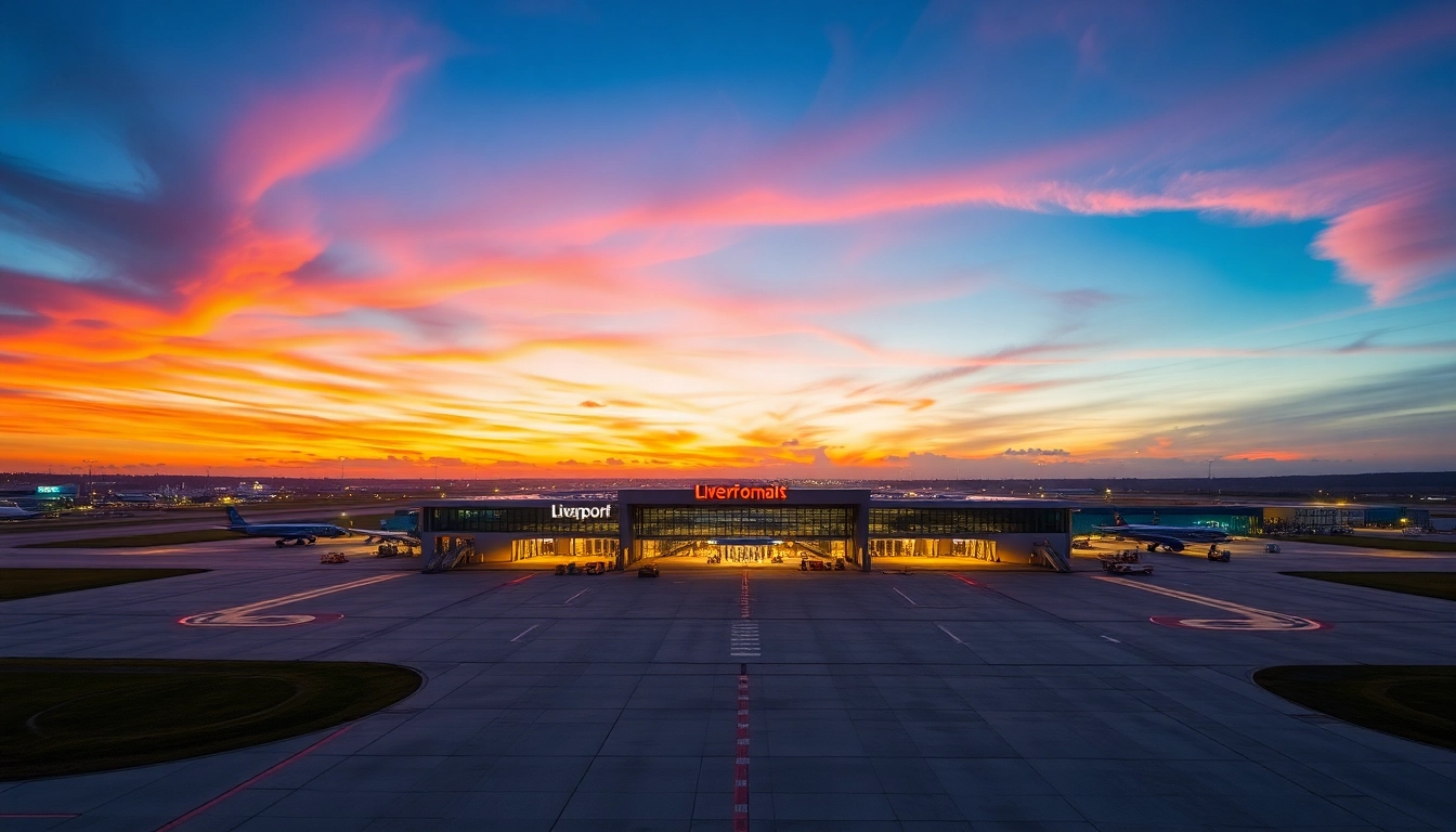 Explore Liverpool Airport, showcasing its vibrant terminal and runway at sunset.