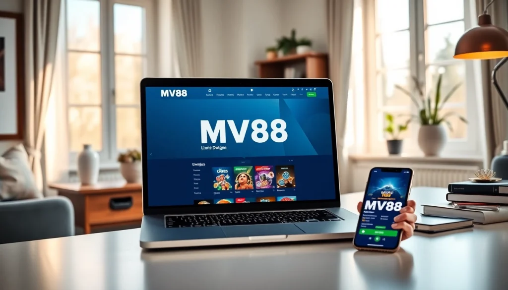 MV88 for online gambling on laptop, showcasing safe USDT deposits and app experience in a modern home office.
