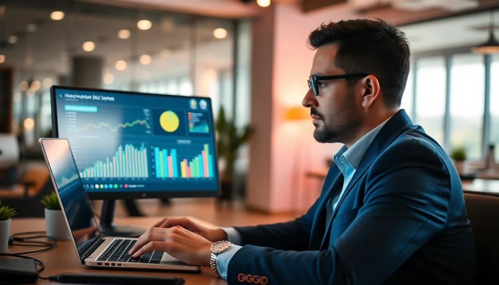 Calcola il tuo ROI con il simulatore ROI, professionista al lavoro su un laptop.