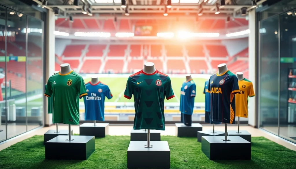 Showcasing football kits in a retail space with vibrant designs for enthusiasts.