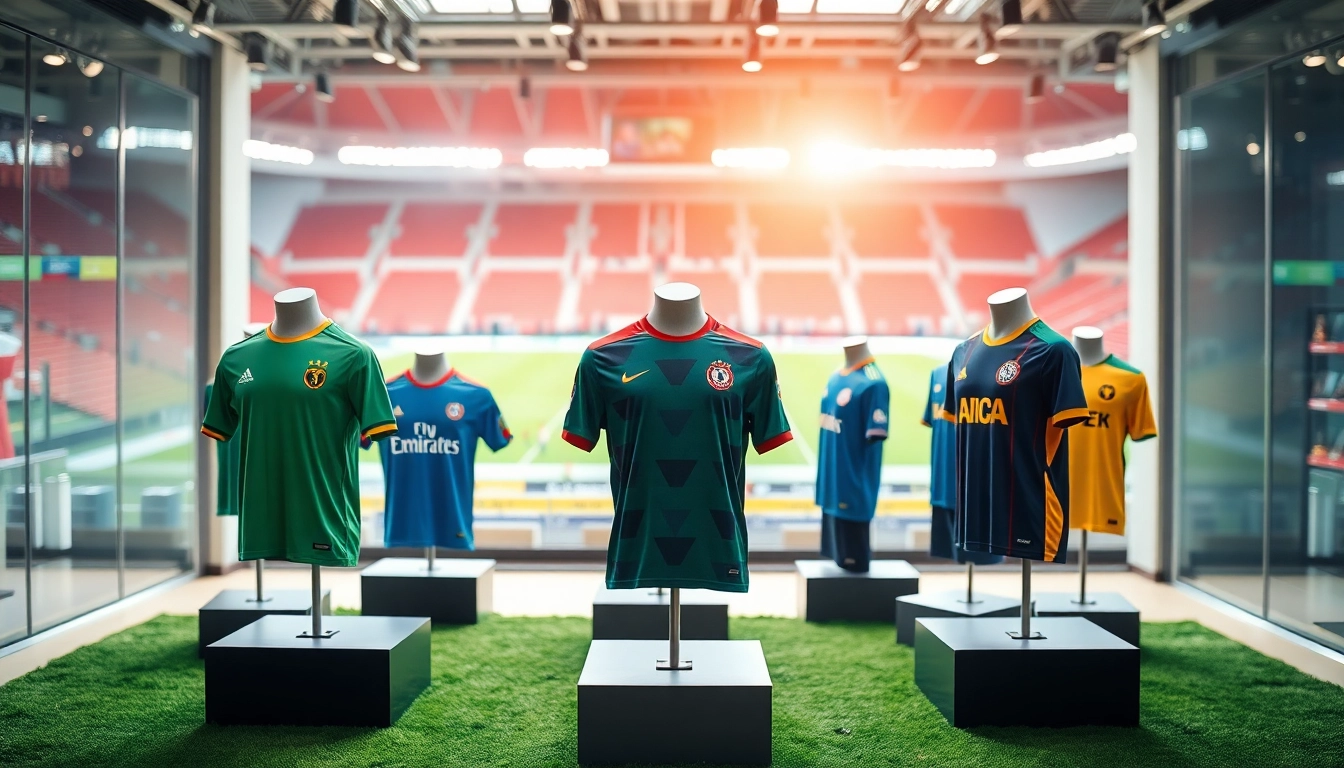 Showcasing football kits in a retail space with vibrant designs for enthusiasts.