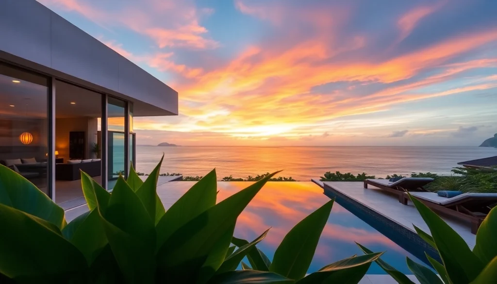 Enhance your Property management phuket with a stunning villa view, showcasing luxury and tranquility at sunset.