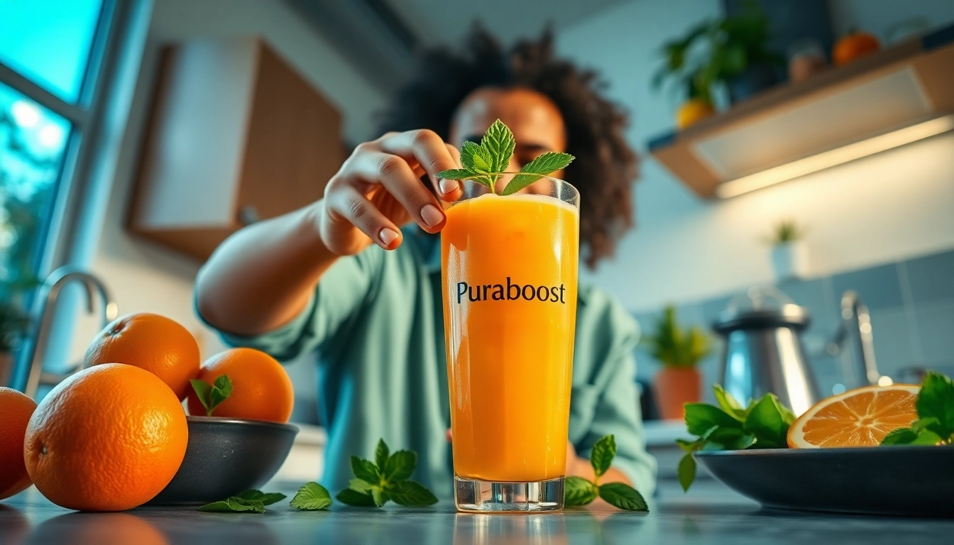 Refreshing Puraboost drink preparation in a bright kitchen with fresh ingredients.