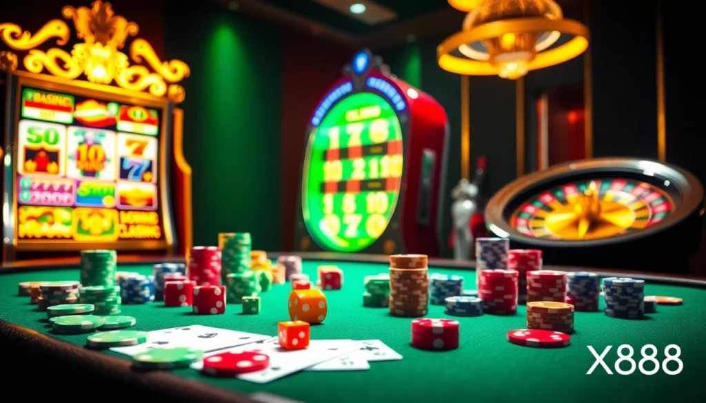 Experience the thrill of gambling at XX88, featuring vibrant poker tables and enticing slot machines.