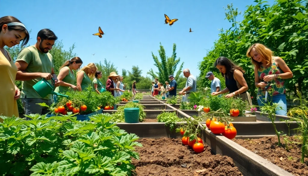 Engaging Gardening enthusiasts nurturing plants in a vibrant community garden
