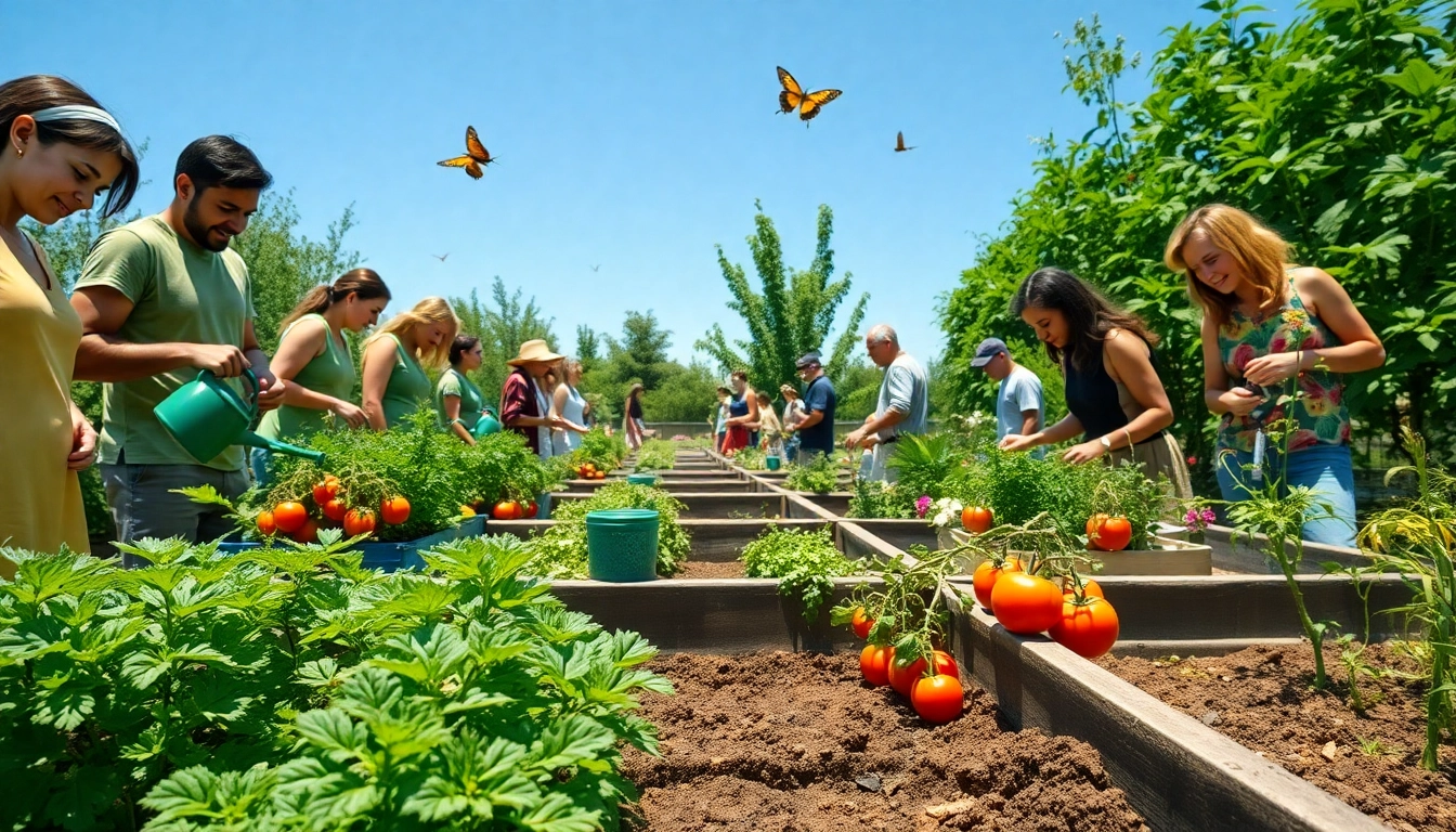 Engaging Gardening enthusiasts nurturing plants in a vibrant community garden