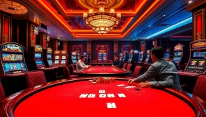 Players engaging in a thrilling poker game at a luxurious casino showing RAJABARONG-themed decor and vibrant gaming elements.