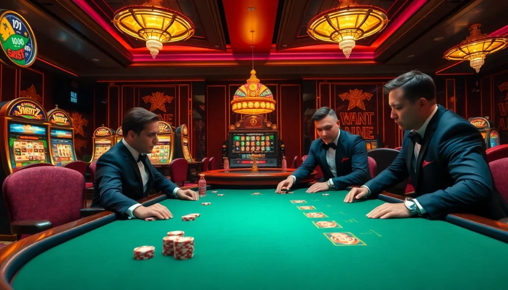 Players enjoying a thrilling poker game at i9bet's luxurious casino table, surrounded by vibrant slot machines and roulette wheels.