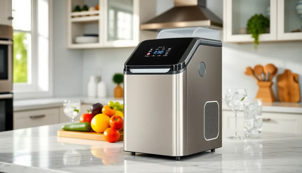 Showcase an affordable ice maker in a modern kitchen setting, highlighting its sleek design and functional use.