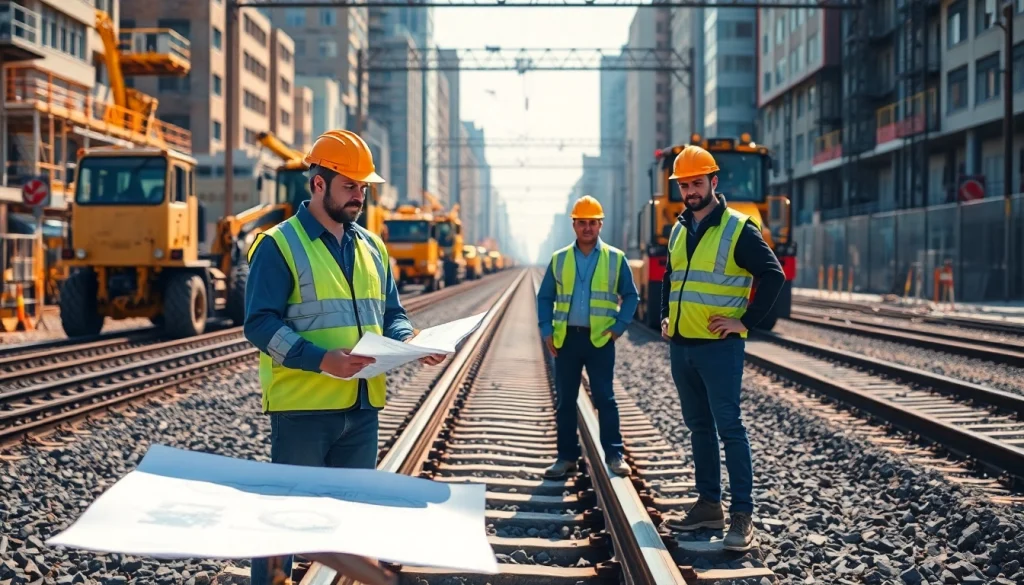 Railroad Contractors overseeing the construction site, showcasing teamwork and machinery in action.
