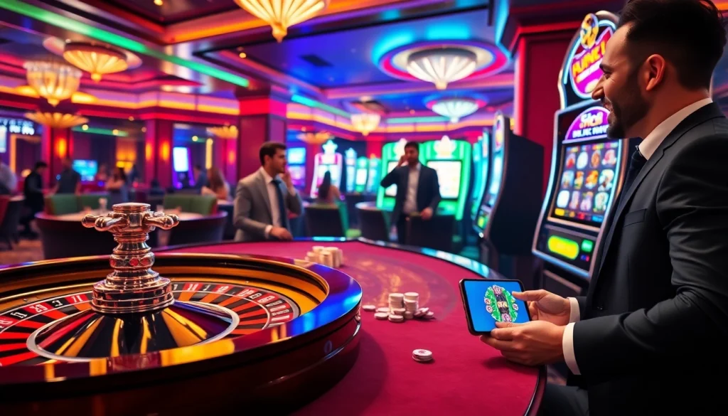 F168 players celebrating wins at a luxurious casino's roulette and poker tables, highlighting excitement.