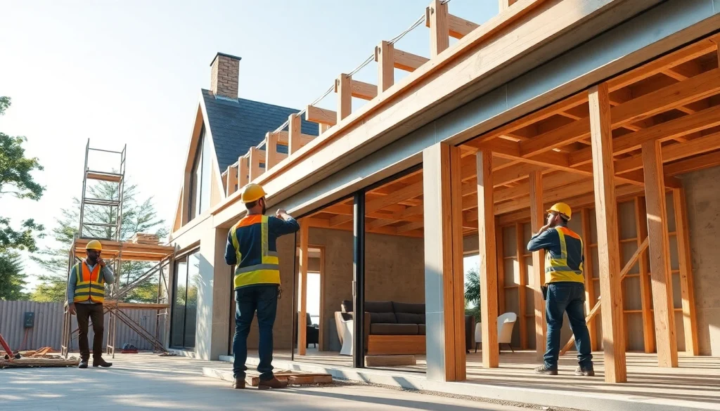 House extension construction site showcasing builders framing a new extension.