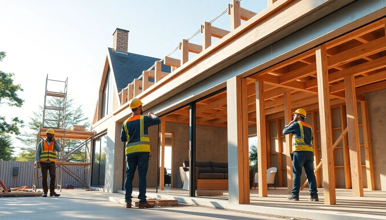 House extension construction site showcasing builders framing a new extension.