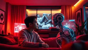 Experience the future of ai sex with a digital companion in a warm, inviting living room setting.