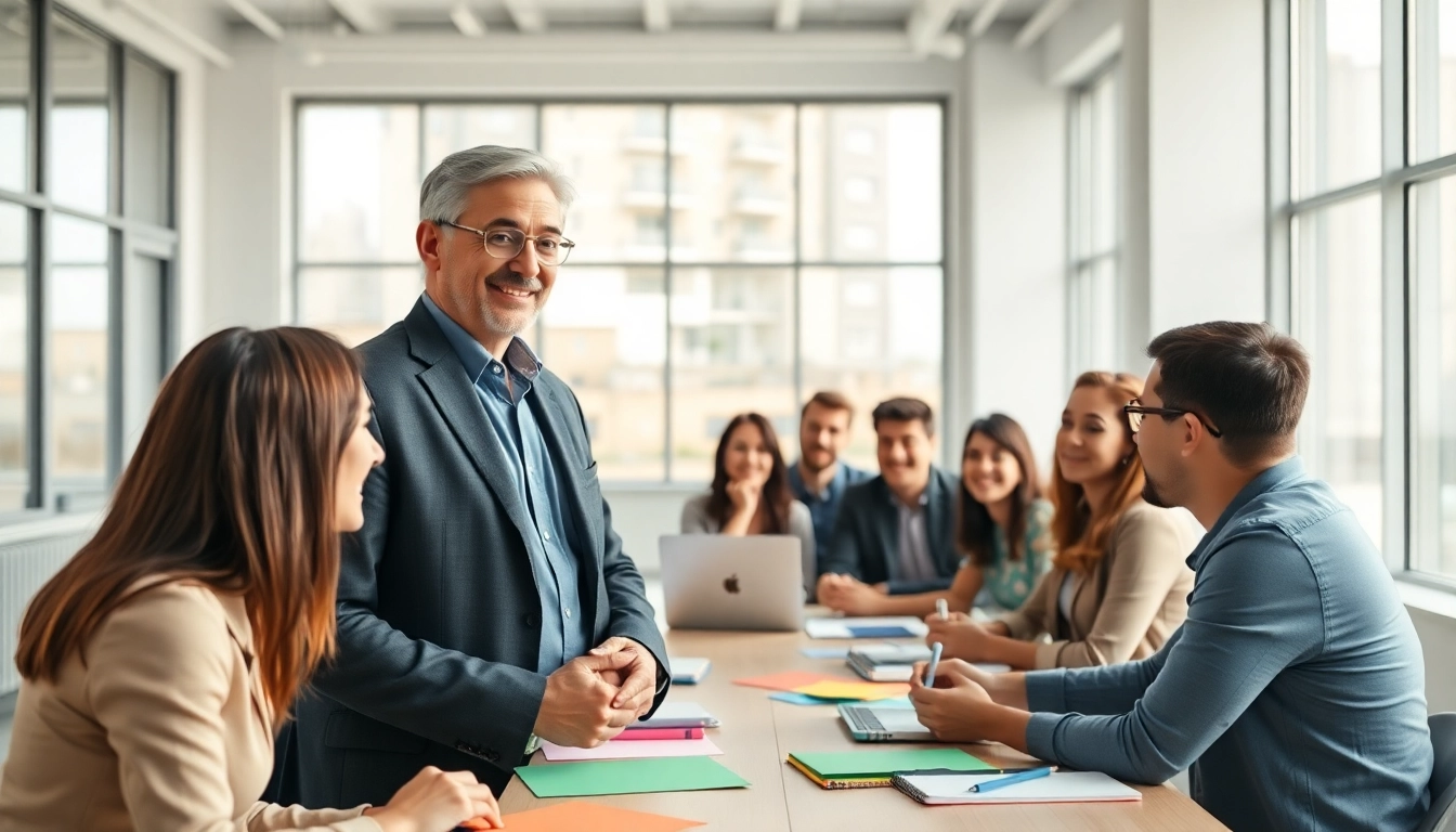 Engaging business coach near me leading a workshop in a bright office setting.