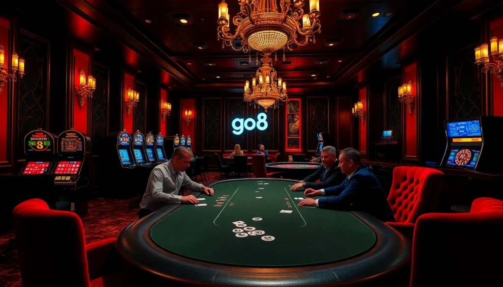 Exciting poker scene featuring go8 branding, luxury casino atmosphere, and strategic gameplay.