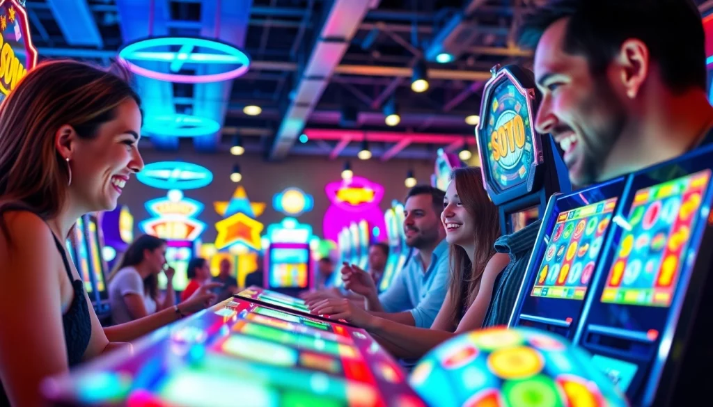 Permainan petanitoto yang menarik dengan pemain antusias di tengah mesin slot berwarna-warni.