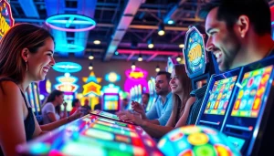 Permainan petanitoto yang menarik dengan pemain antusias di tengah mesin slot berwarna-warni.