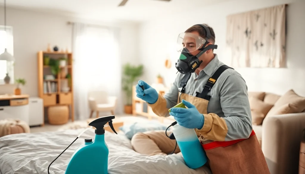 Extermination professional at work using https://affordablebedbugexterminators.com pest control methods in a home