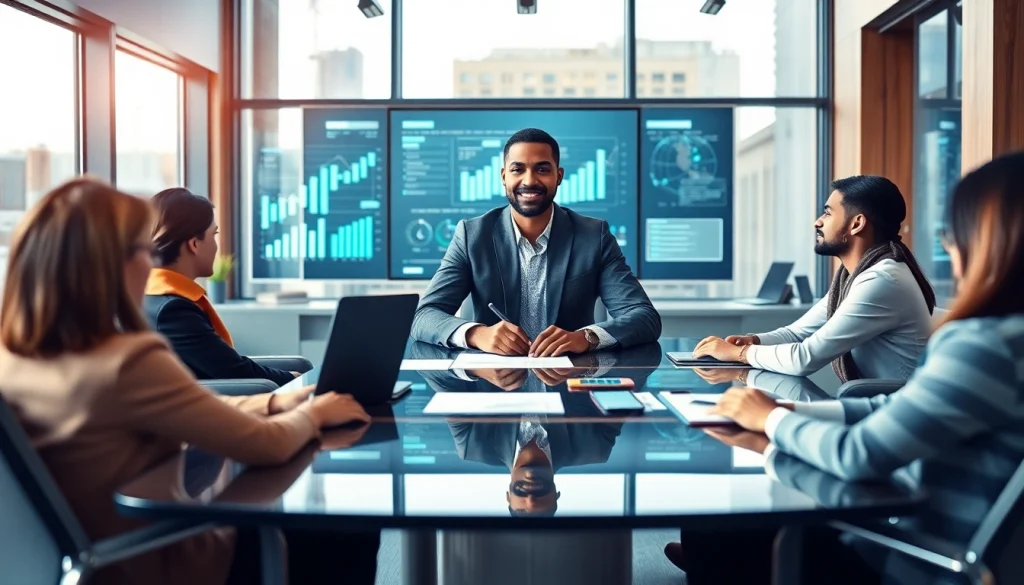 Dennis Wimberly Jr. leading a team meeting in a modern office, showcasing his leadership as an entrepreneur.