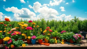 Engaging Gardening scene with colorful flowers and lush plants in a vibrant garden setting.