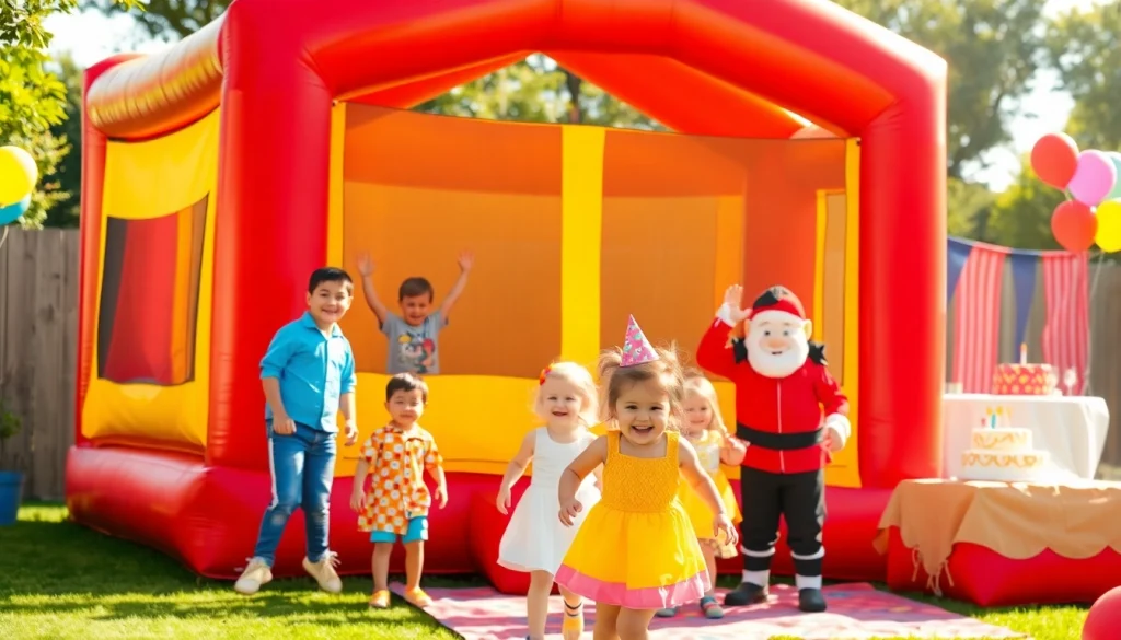Engaging children's party scene at https://www.tcspecialentertainment4u.com with colorful bounce houses and entertainers.