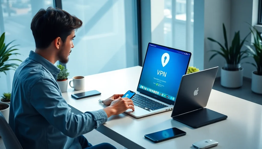 Download 快连vpn下载 in a sleek modern workspace with a professional using tech gadgets.