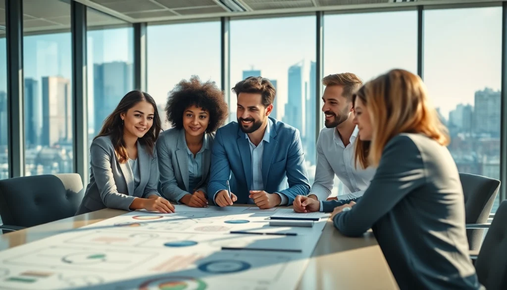 Engaged team in a business meeting in a modern setting, showcasing collaboration and productivity.