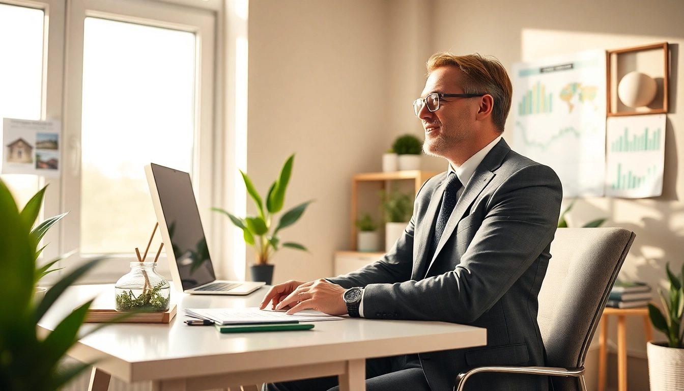 Real Estate agent consulting in a modern office, highlighting professionalism and trust.