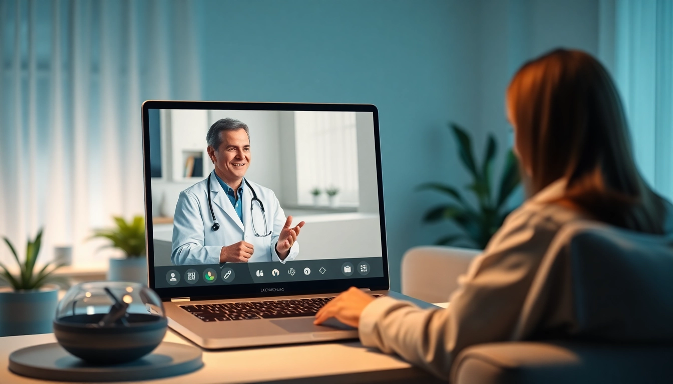 クリニックフォア AGA 口コミ バーチャル診察 ノートパソコンの前で医師と患者が映され、オンライン医療の利便性を示す。