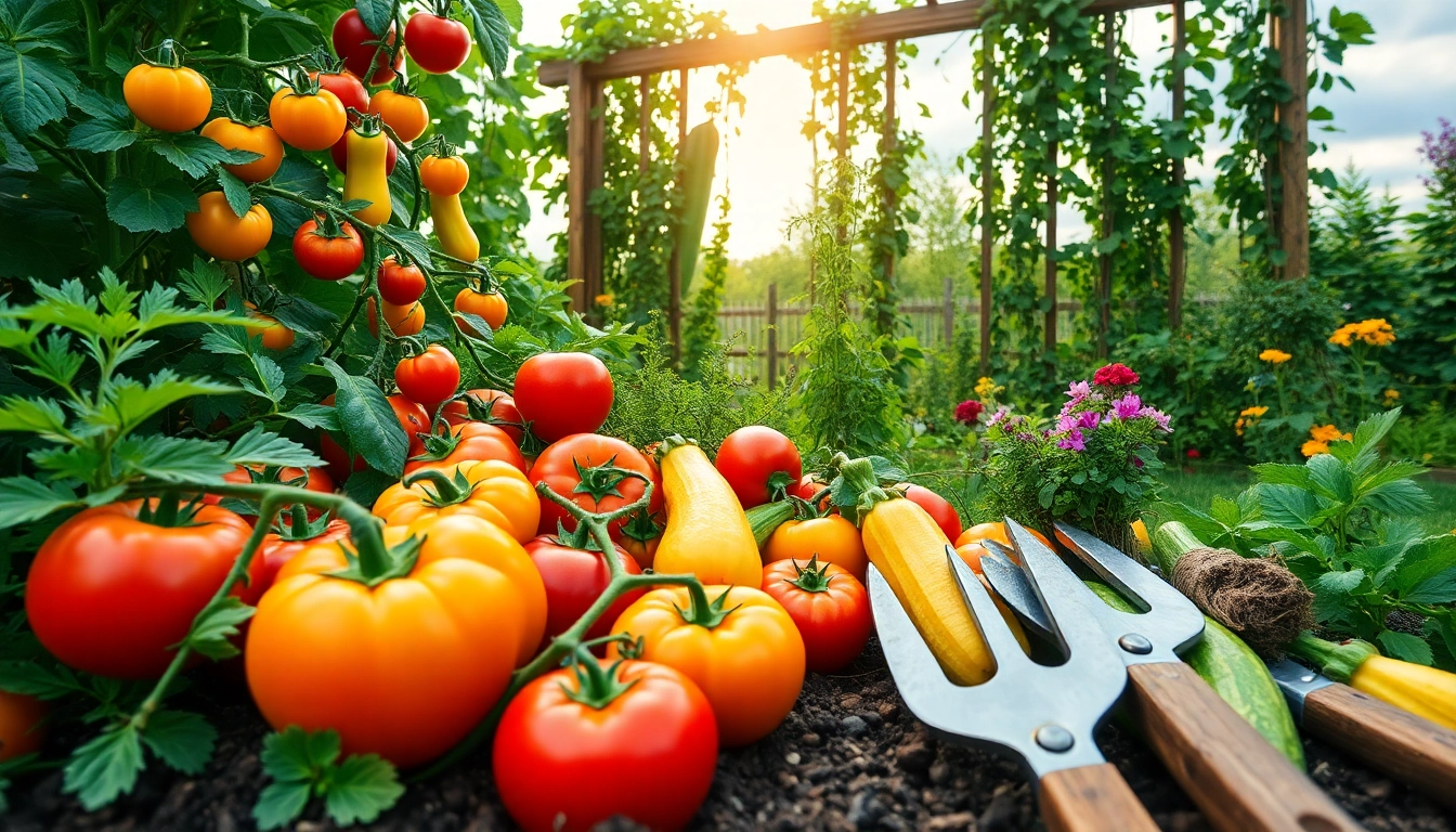 Engaging gardening scene showcasing vibrant vegetables and herbs thriving under sunlight.