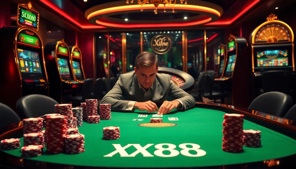 Experience electrifying gameplay at XX88's luxurious casino with poker chips and a roulette wheel.
